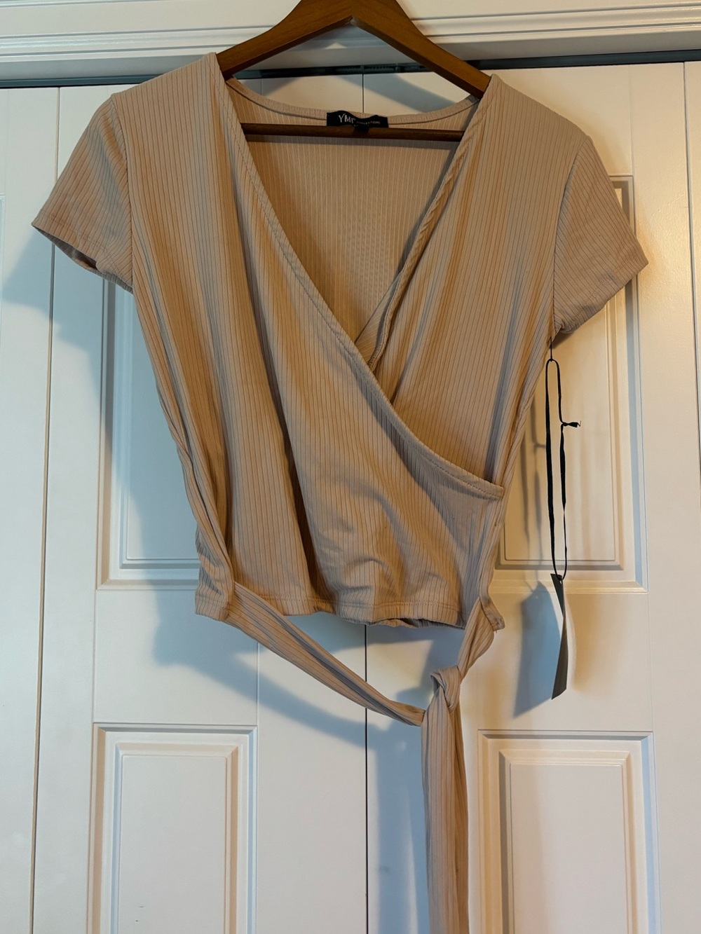 YMI Collections, tan ribbed wrap style top